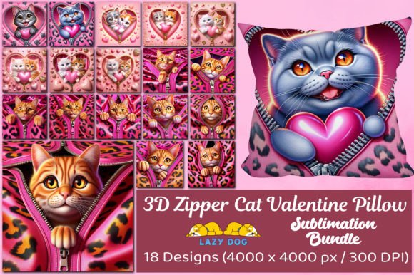3D Sublimation Zipper Cat Valentine's Day Pillow Bundle