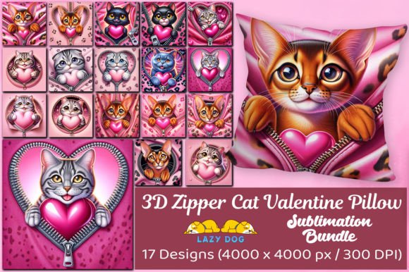 3D Zipper Cat Valentine Pillow Bundle: A Designer's Creative Asset