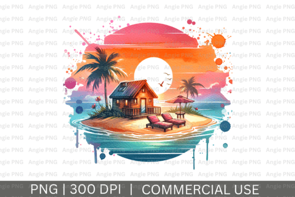 Elevate Your Designs with Watercolor Island Sunset PNG Clipart