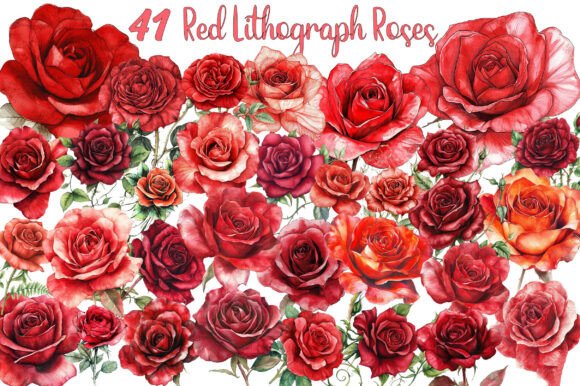 Red Lithograph Roses Clipart: Vintage Elegance for Modern Design