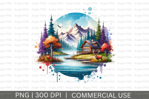 Watercolor Lake Cabin Mountains PNG: A Designer's Asset